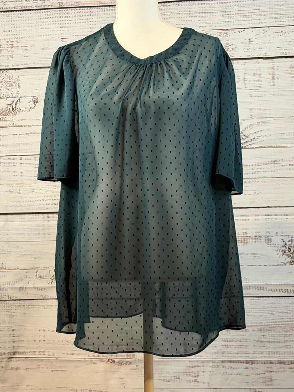 Ava & Viv Sheer Swiss Dot Blouse, Dark Teal Green, Flutter Sleeve, High-Low Hem
